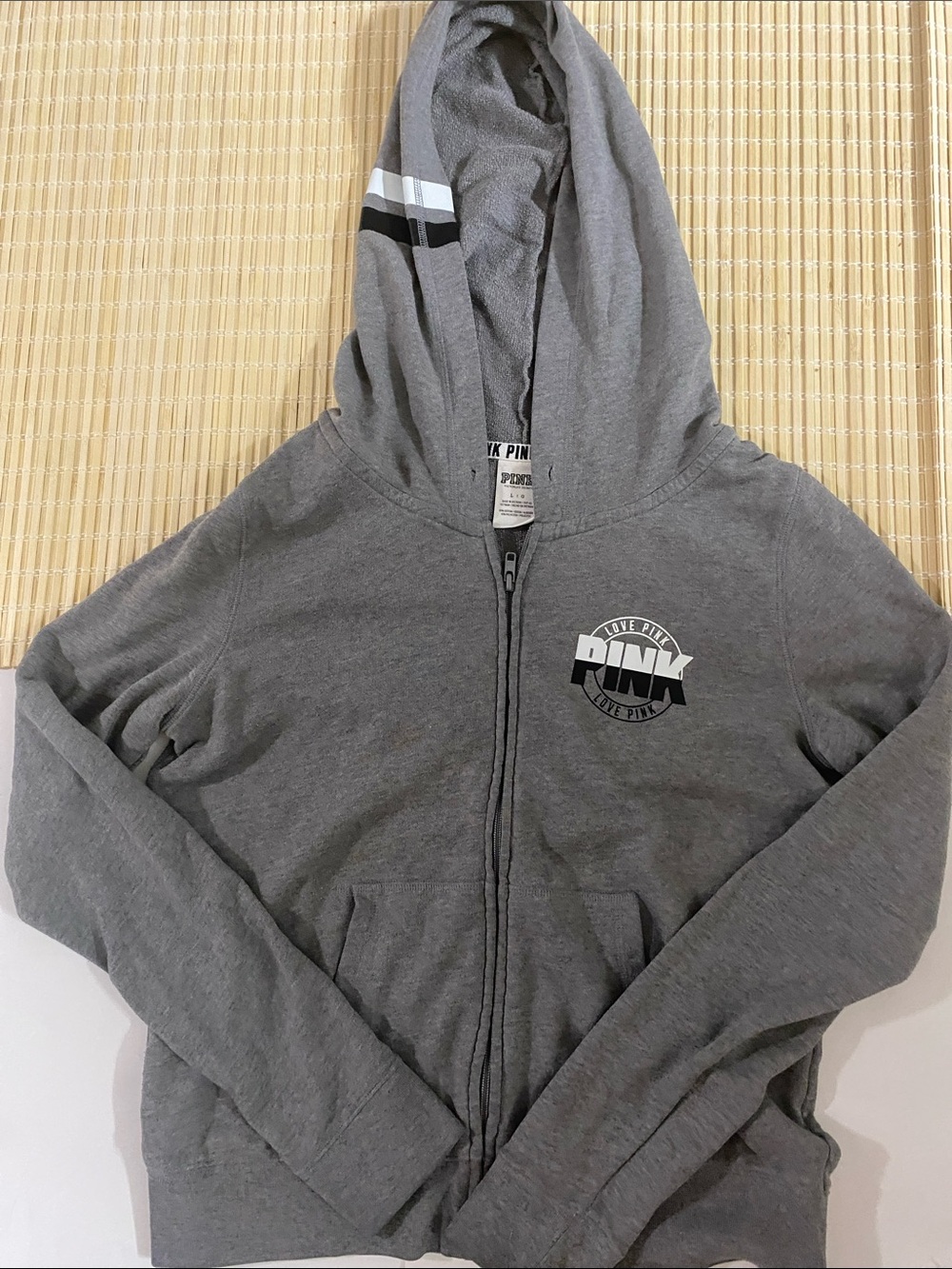 PINK Victoria's Secret Gray Zip-Up Hoodie with Logo and Stripe Accent